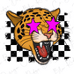A stylized illustration of a leopard with large pink star-shaped eyes and an open mouth, set against a black and white checkered background.