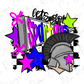 A colorful and stylized graphic design featuring a helmet, stars, and text.