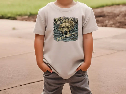 a young boy wearing a white shirt with a bear on it