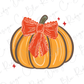 A large orange pumpkin with a red bow tied around it, set against a white background with scattered red stars.