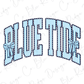 the word "BLUE TIDE" in a stylized font with blue and white stripes and bows.
