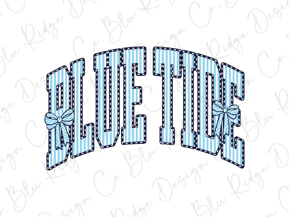 the word "BLUE TIDE" in a stylized font with blue and white stripes and bows.