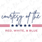 the text "courtesy of the" in a cursive font, with "RED, WHITE, & BLUE" below it. The background of the image is white with a repeating pattern of red, white, and blue stripes.