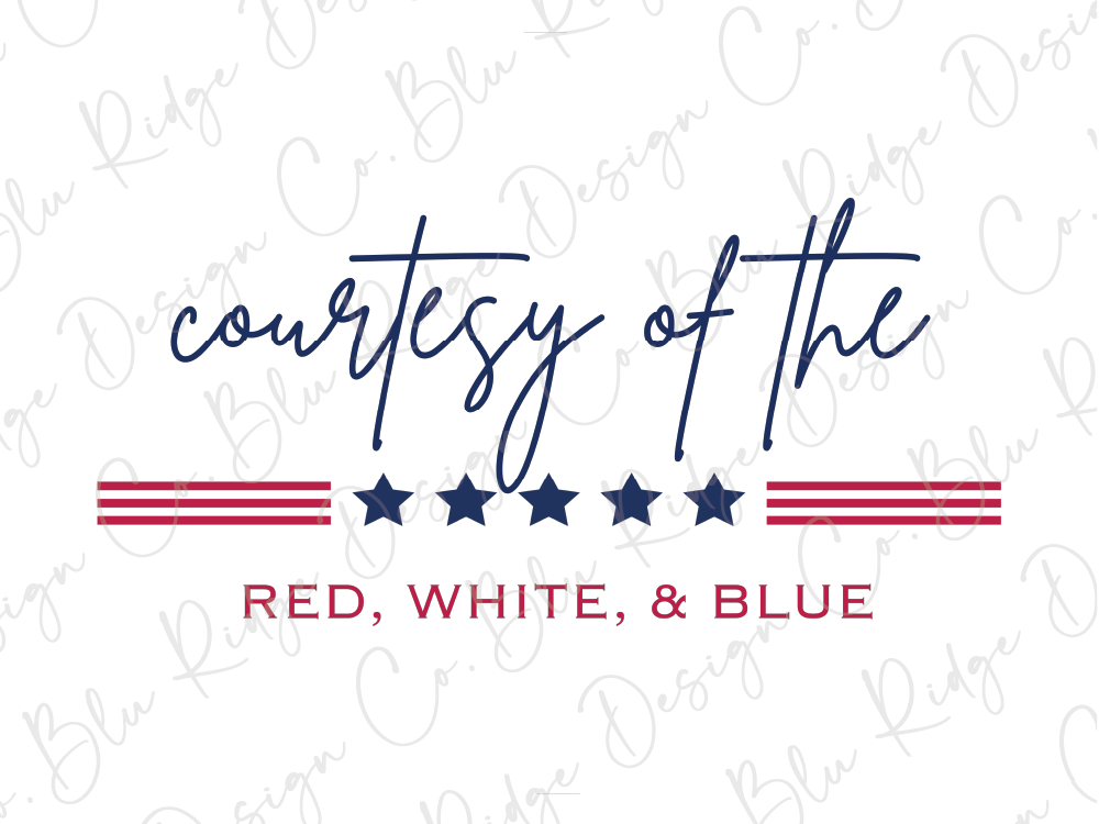 the text "courtesy of the" in a cursive font, with "RED, WHITE, & BLUE" below it. The background of the image is white with a repeating pattern of red, white, and blue stripes.