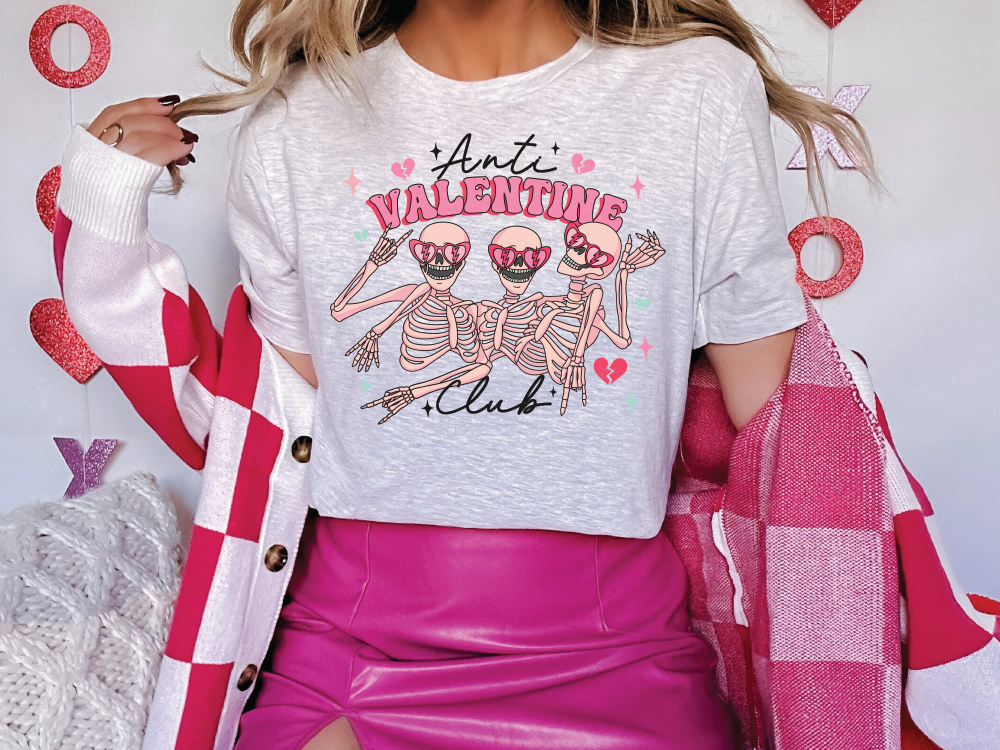 Anti Valentines Club Retro Skeleton Heart Valentines Day Graphic T-Shirt