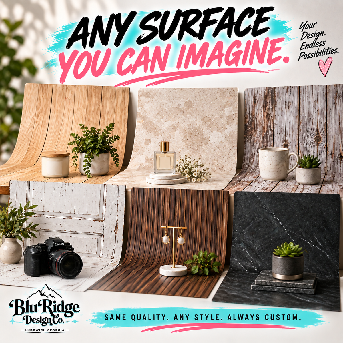 Printed backdrops in white oak, travertine, weathered wood, farmhouse door, fluted walnut and black slate