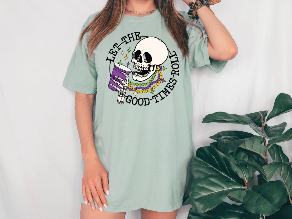 Let the Good Times Roll Drinking Mari Gras Skeleton with Beads Graphic T-Shirt