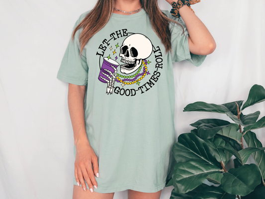 Let the Good Times Roll Drinking Mari Gras Skeleton with Beads Graphic T-Shirt