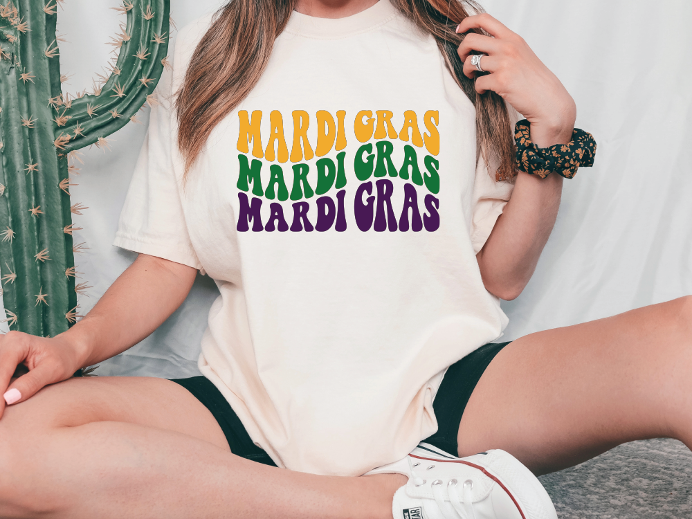 Mardi Gras Wavy Stacked Colorful Groovy Design Graphic T-Shirt