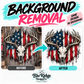 Background Removal, a deer skull and American flag design shown on a wooden background and then the same design with the background removed