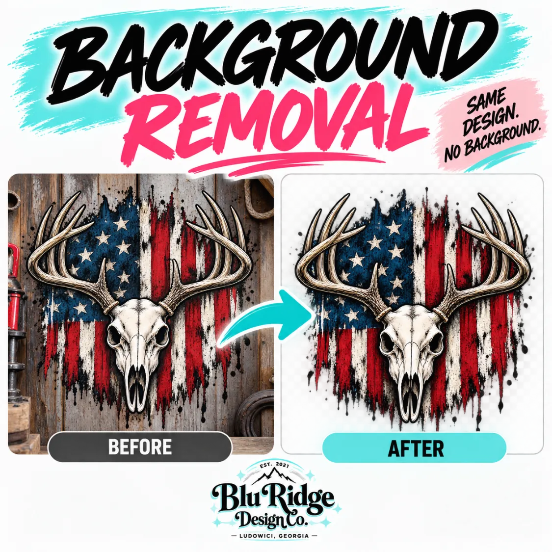 Background Removal, a deer skull and American flag design shown on a wooden background and then the same design with the background removed