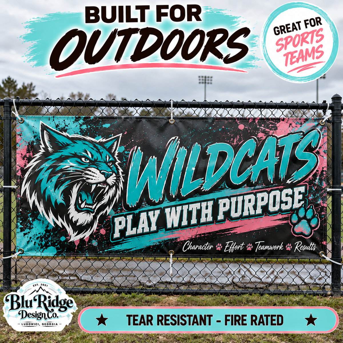 Vinyl banner zip tied to a chain link fence outdoors, tear resistant and fire rated