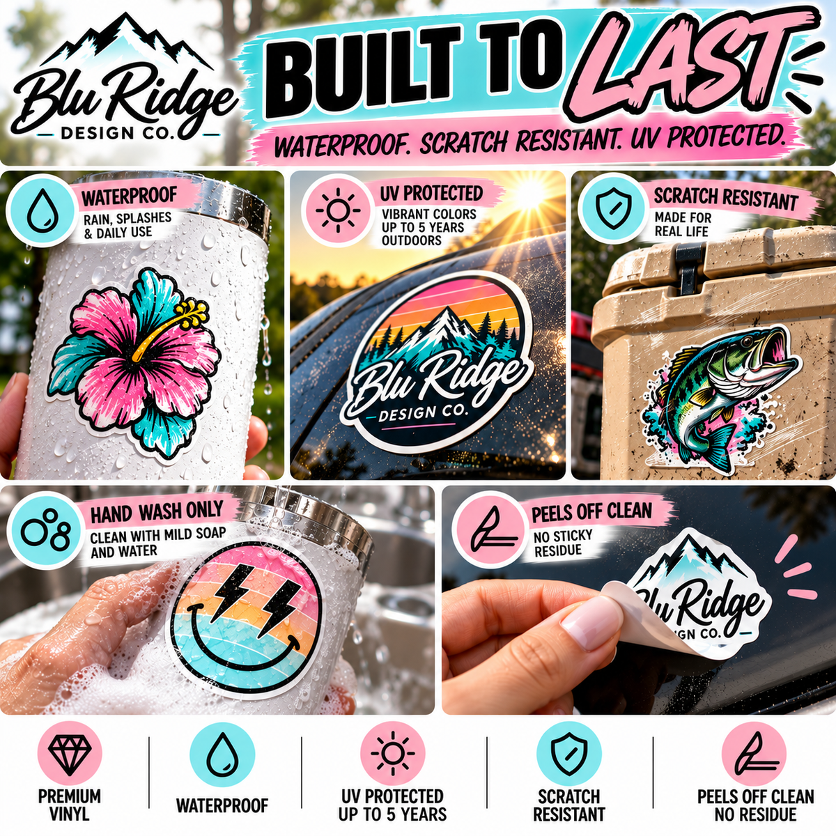 Die cut stickers are waterproof, scratch resistant and UV protected for up to five years outdoors, hand wash only, and peel off clean with no residue