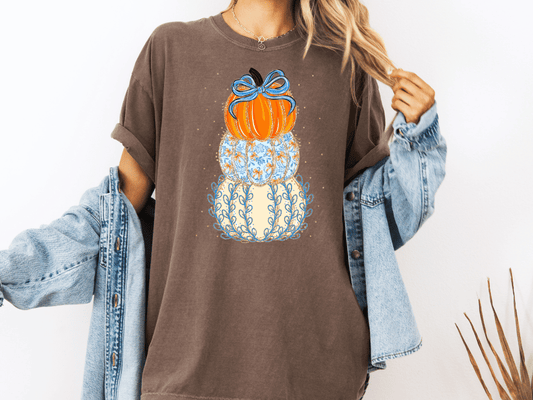 Faux Glitter Blue Floral Pumpkin Stack Graphic T-Shirt