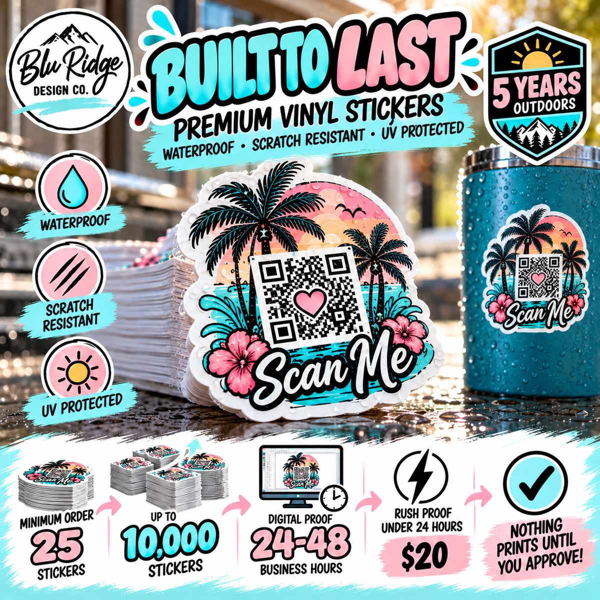 Waterproof, scratch resistant, UV protected QR code stickers rated five years outdoors, from 25 up to 10,000