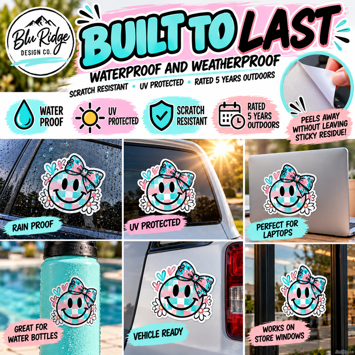 Waterproof, scratch resistant and UV protected vinyl stickers rated five years outdoors on cars, laptops and water bottles