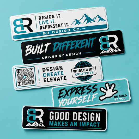 Custom bumper stickers in five designs, laminated vinyl in long rectangular strips