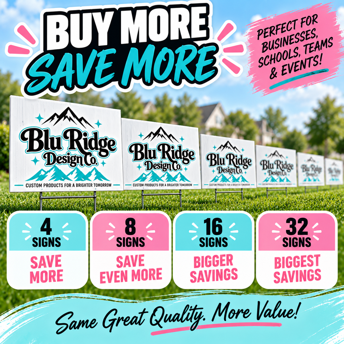 Bulk discounts on yard signs starting at 4 signs, then 8, 16 and 32