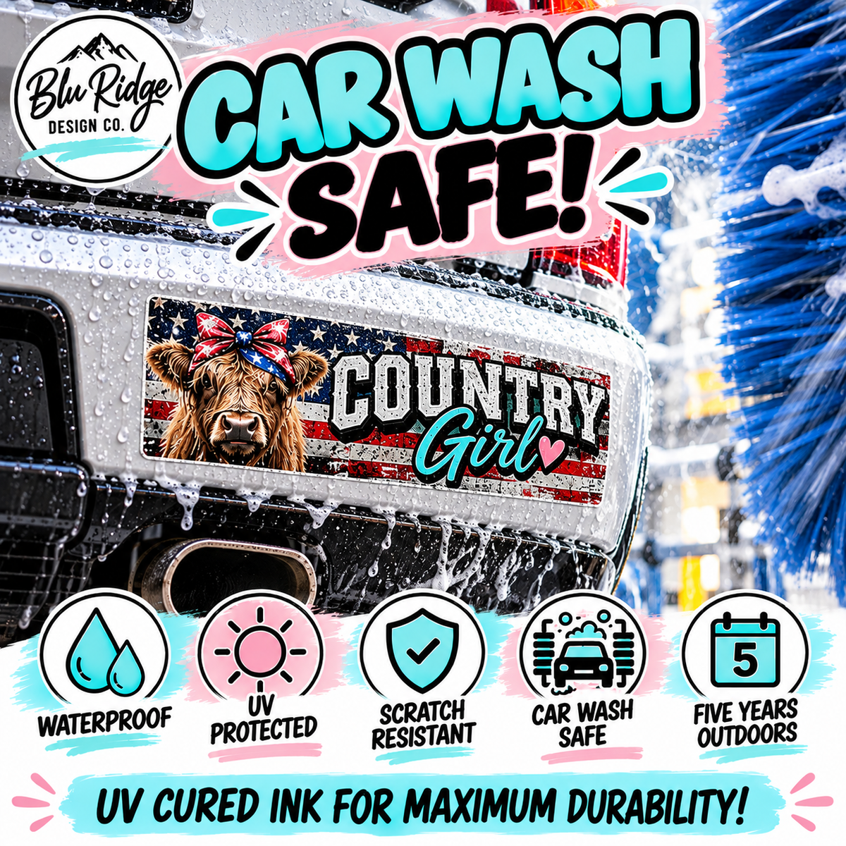 Car wash safe UV cured bumper stickers, waterproof, UV protected and scratch resistant, rated five years outdoors
