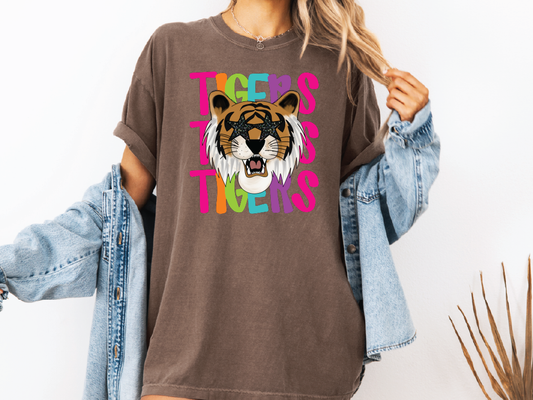 Preppy Neon Stacked Star Eyed Tigers Graphic T-Shirt