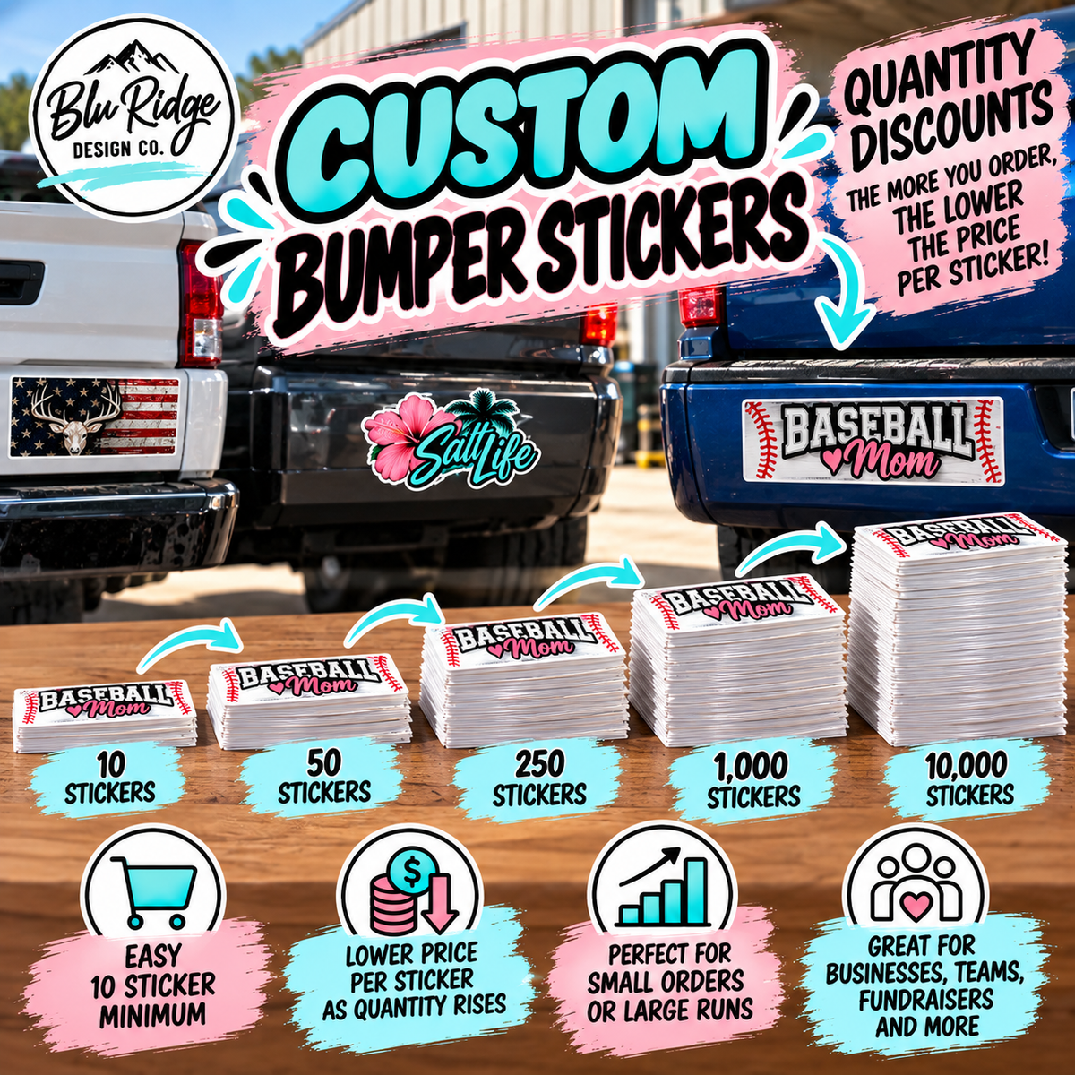 Custom bumper stickers from a 10 sticker minimum up to 10,000, with the price per sticker dropping as quantity rises