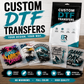 Custom DTF transfers in five full color designs with a Blu Ridge Design Co packaging pouch