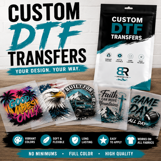 Custom DTF transfers in five full color designs with a Blu Ridge Design Co packaging pouch