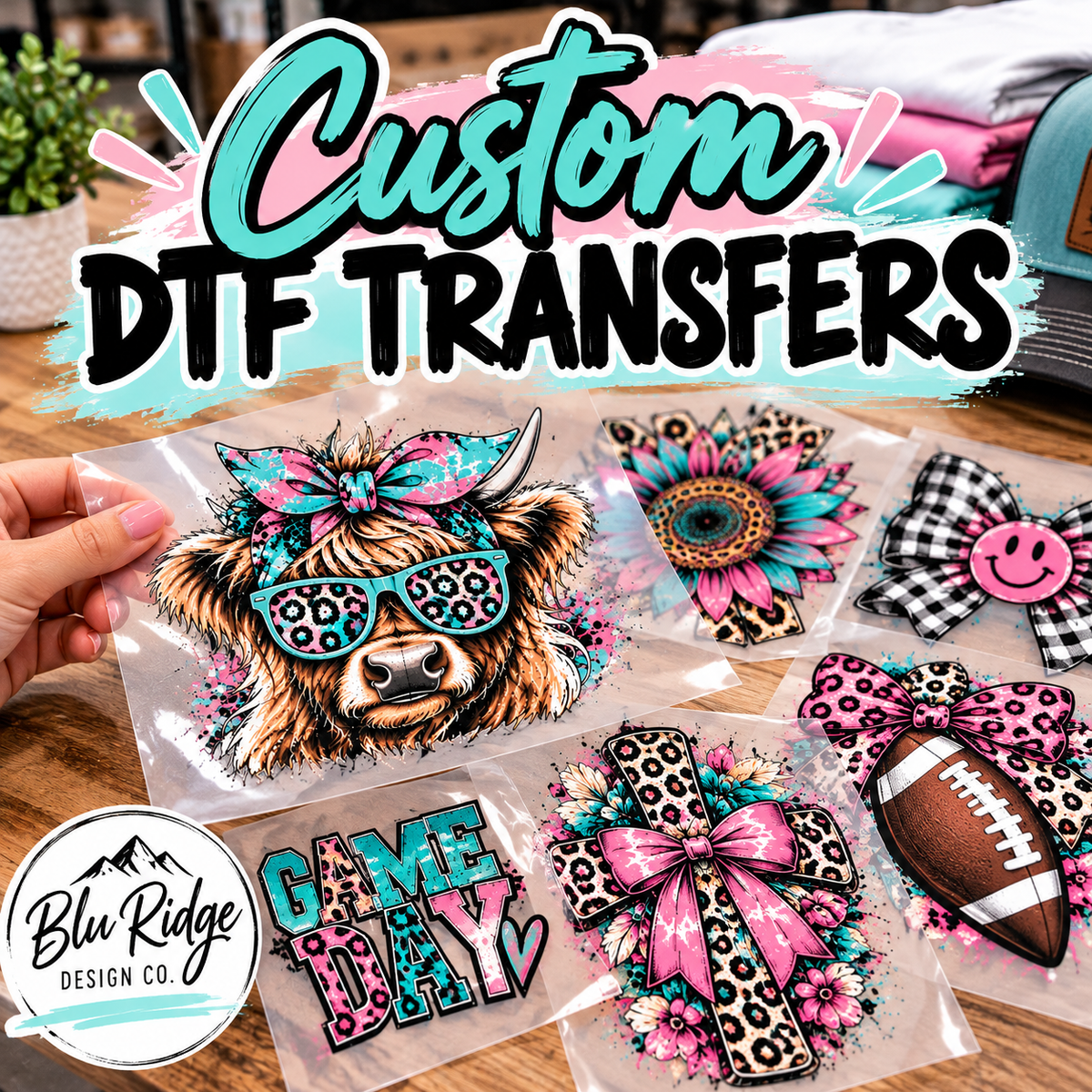 Custom DTF transfers printed on clear film in full color, ready to heat press onto shirts, hoodies and hats