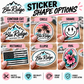 Six die cut sticker shapes: contour cut to your design, circle, square, rectangle, ellipse and oval