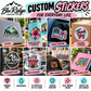 Custom die cut stickers on laptops, water bottles, vehicle windows, packages, storefront glass, event giveaways and small business merch