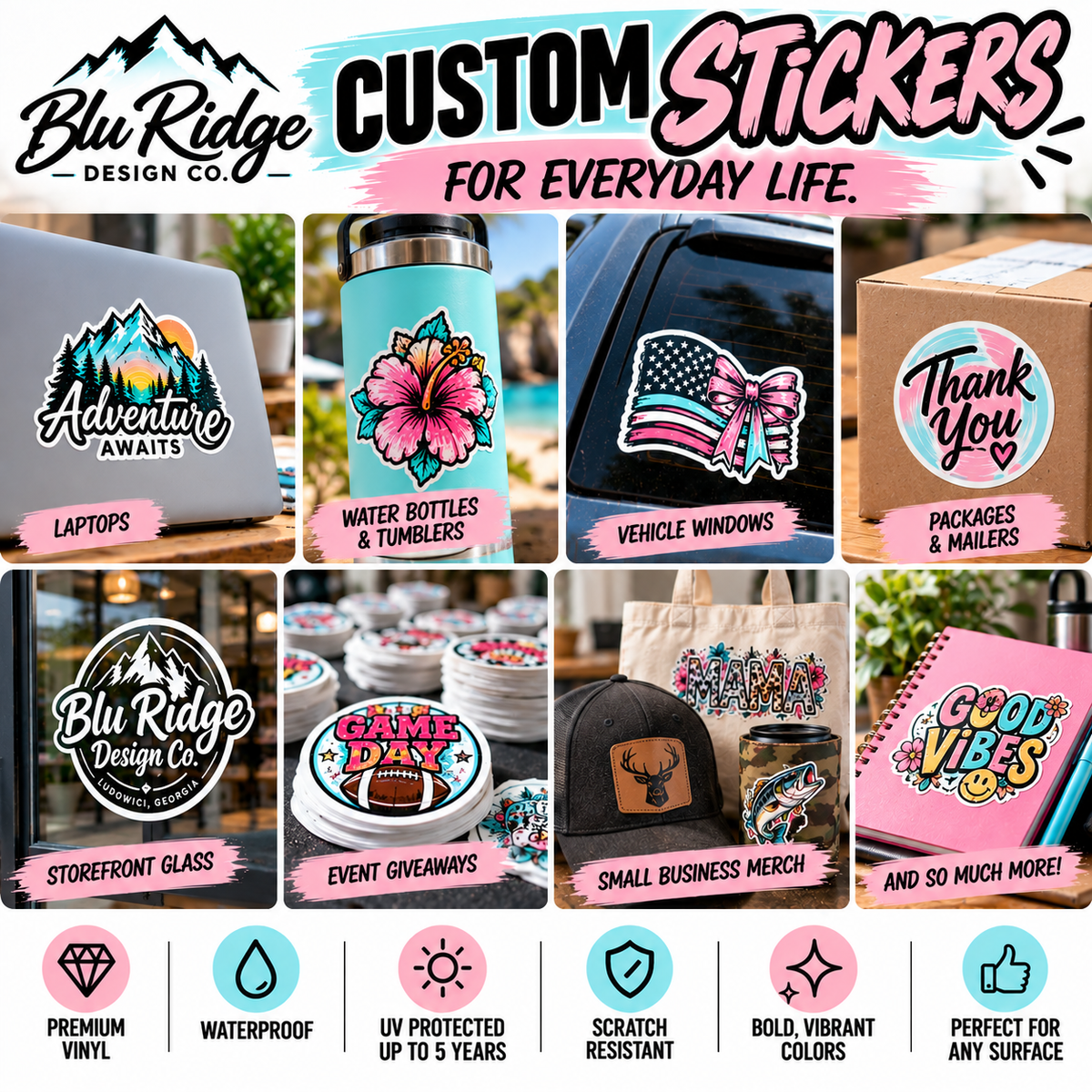 Custom die cut stickers on laptops, water bottles, vehicle windows, packages, storefront glass, event giveaways and small business merch