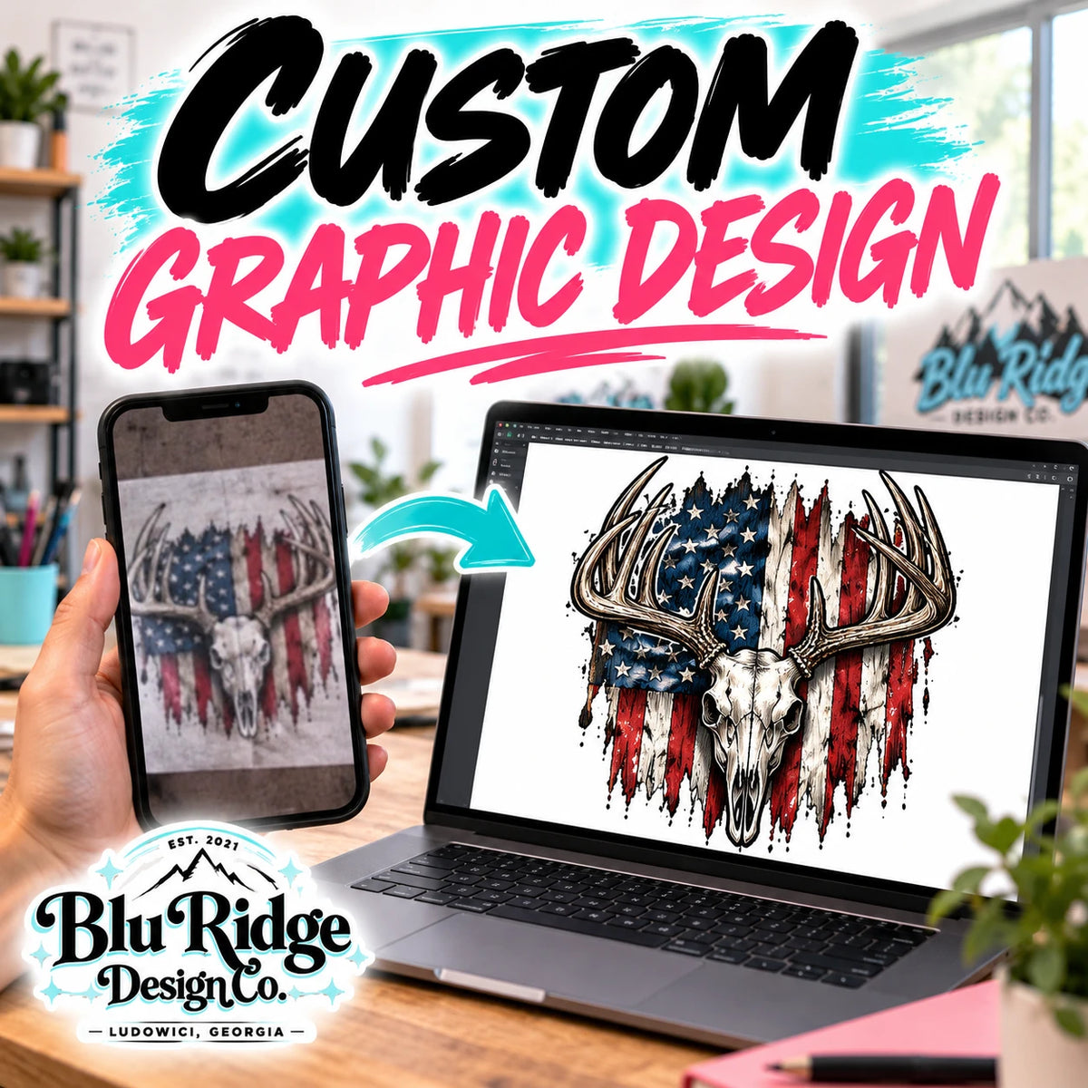 Custom Graphic Design from Blu Ridge Design Co, a photo on a phone redrawn into clean print ready artwork on a laptop