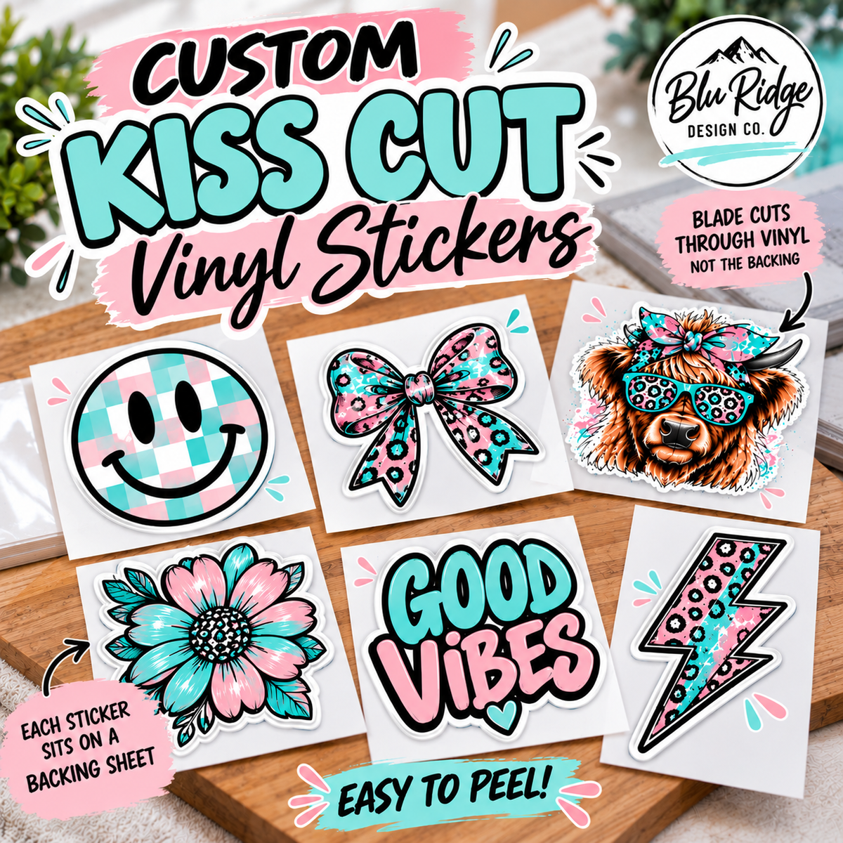 Custom kiss cut vinyl stickers, each shaped sticker sitting on its own rectangular backing sheet for easy peeling