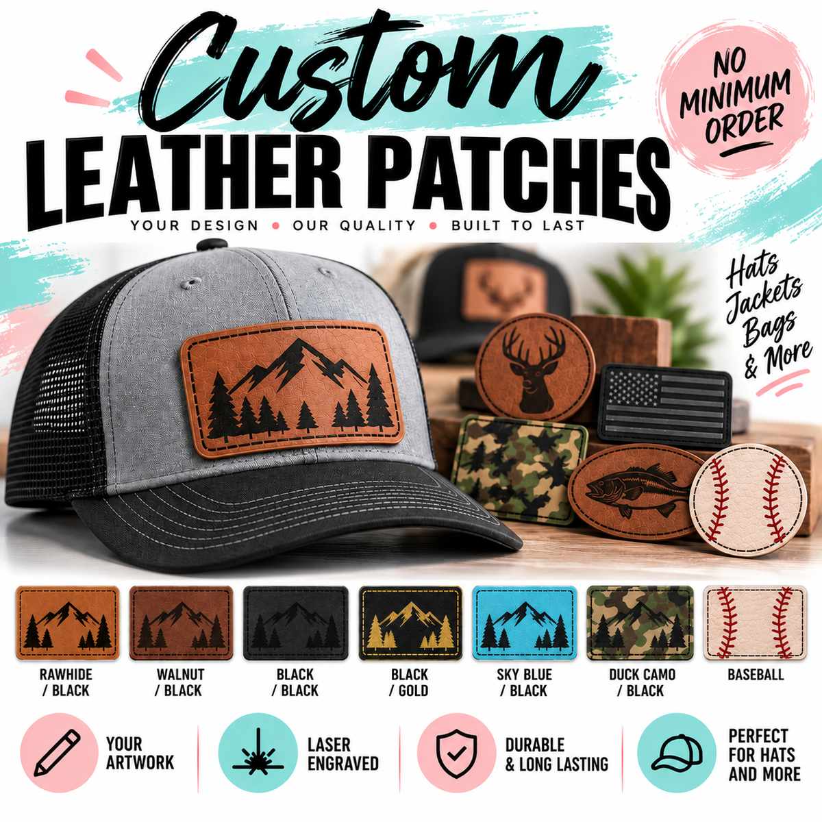 Custom leather patches laser engraved with your own design, shown on a trucker cap with all seven color options