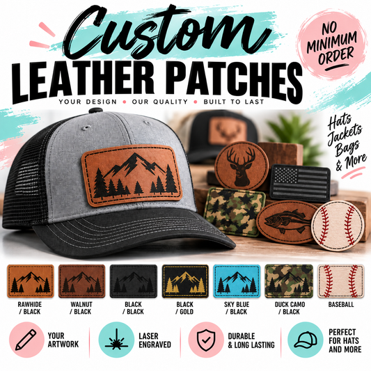 Custom leather patches laser engraved with your own design, shown on a trucker cap with all seven color options