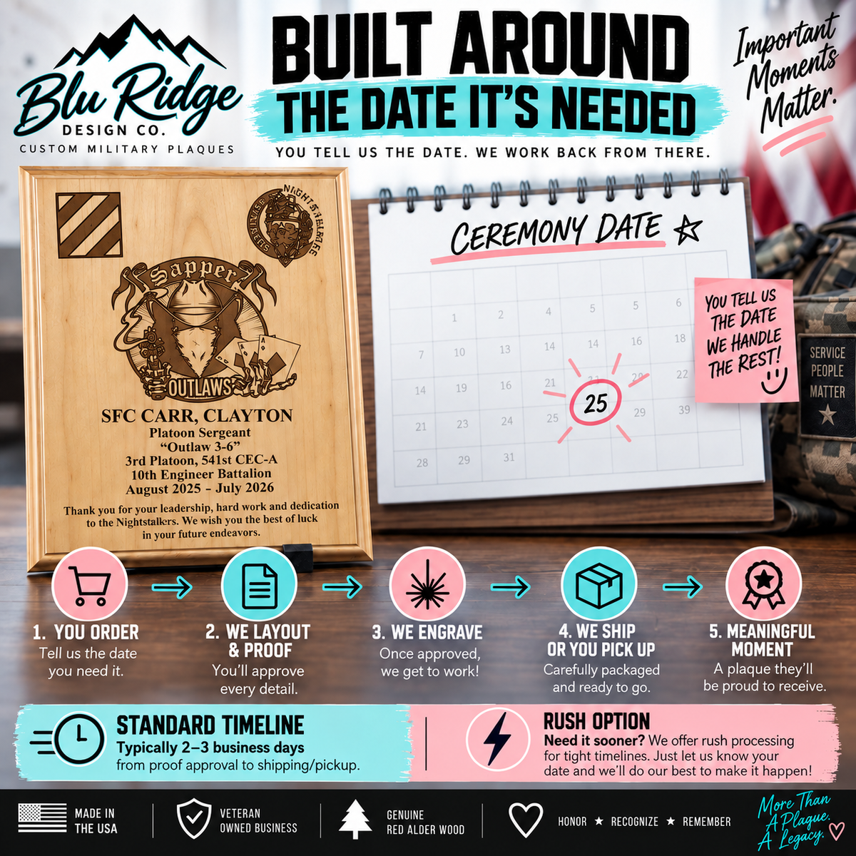 Built around the date you need it, with rush processing available for tight timelines