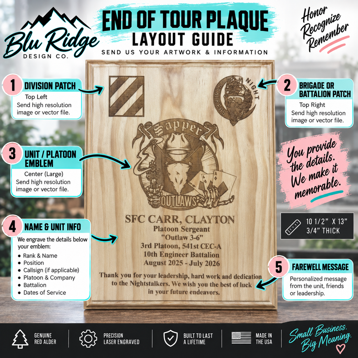 Plaque layout guide: division patch top left, brigade or battalion patch top right, unit emblem centre, then name, unit details and farewell message