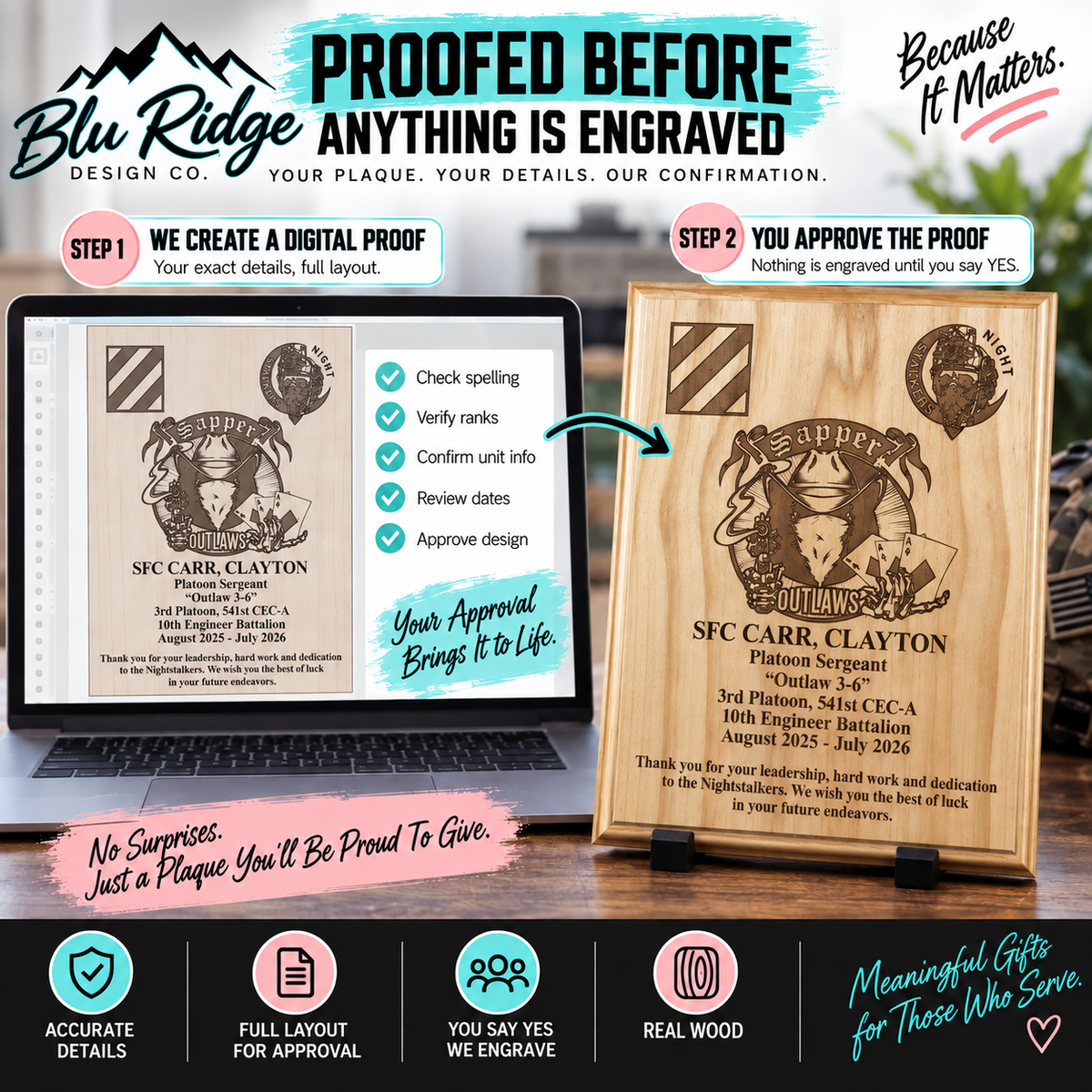 Every plaque is proofed before anything is engraved, so you check the spelling, ranks and dates and approve the layout first