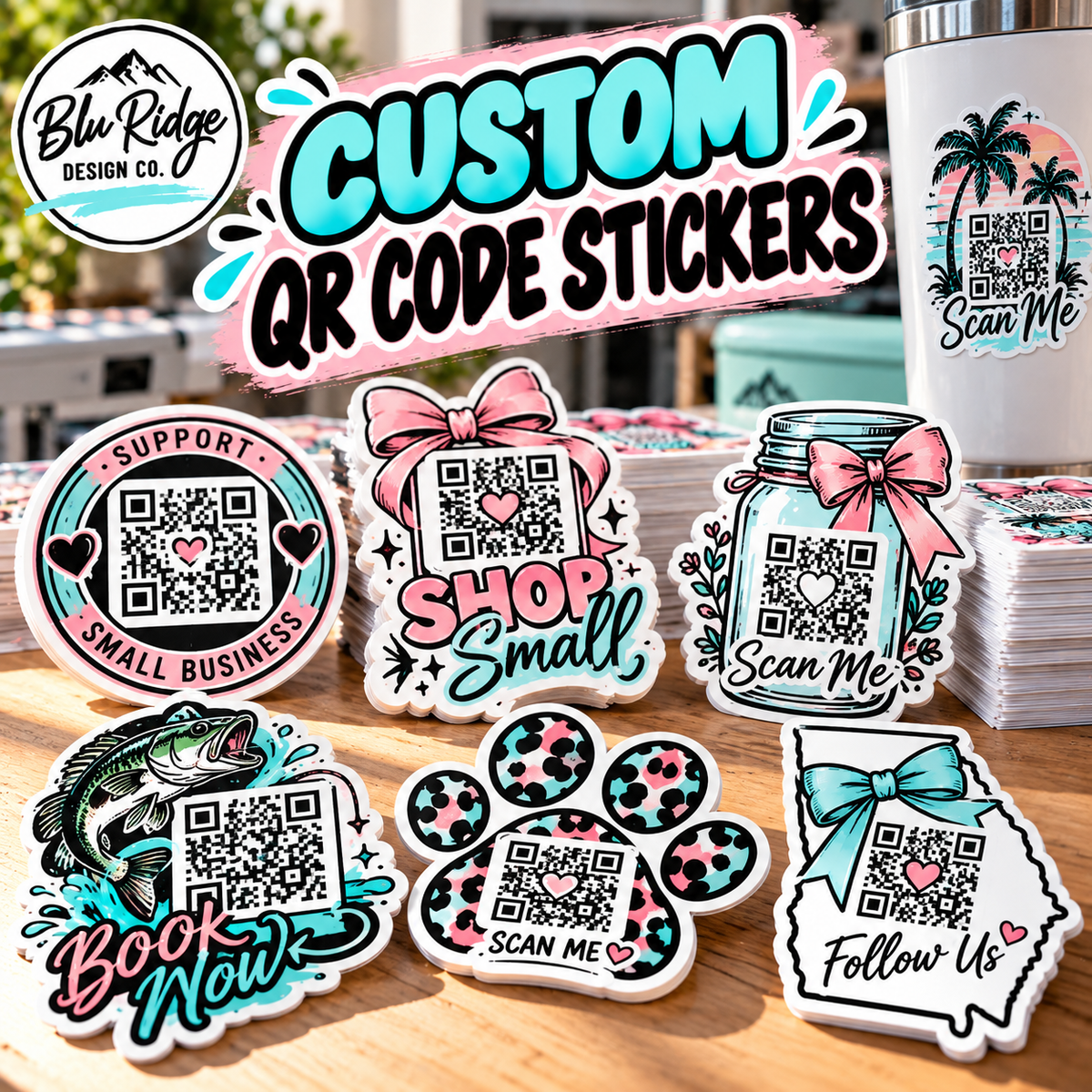 Custom QR code stickers with scannable codes built into colorful vinyl designs