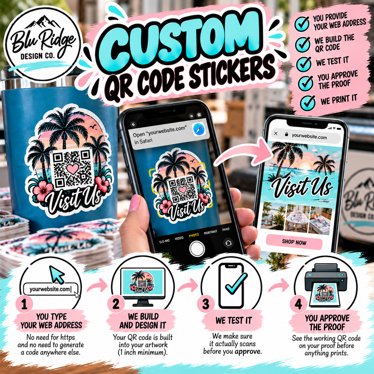 How custom QR code stickers work: you type your web address, we build the code, we test that it scans, you approve the proof