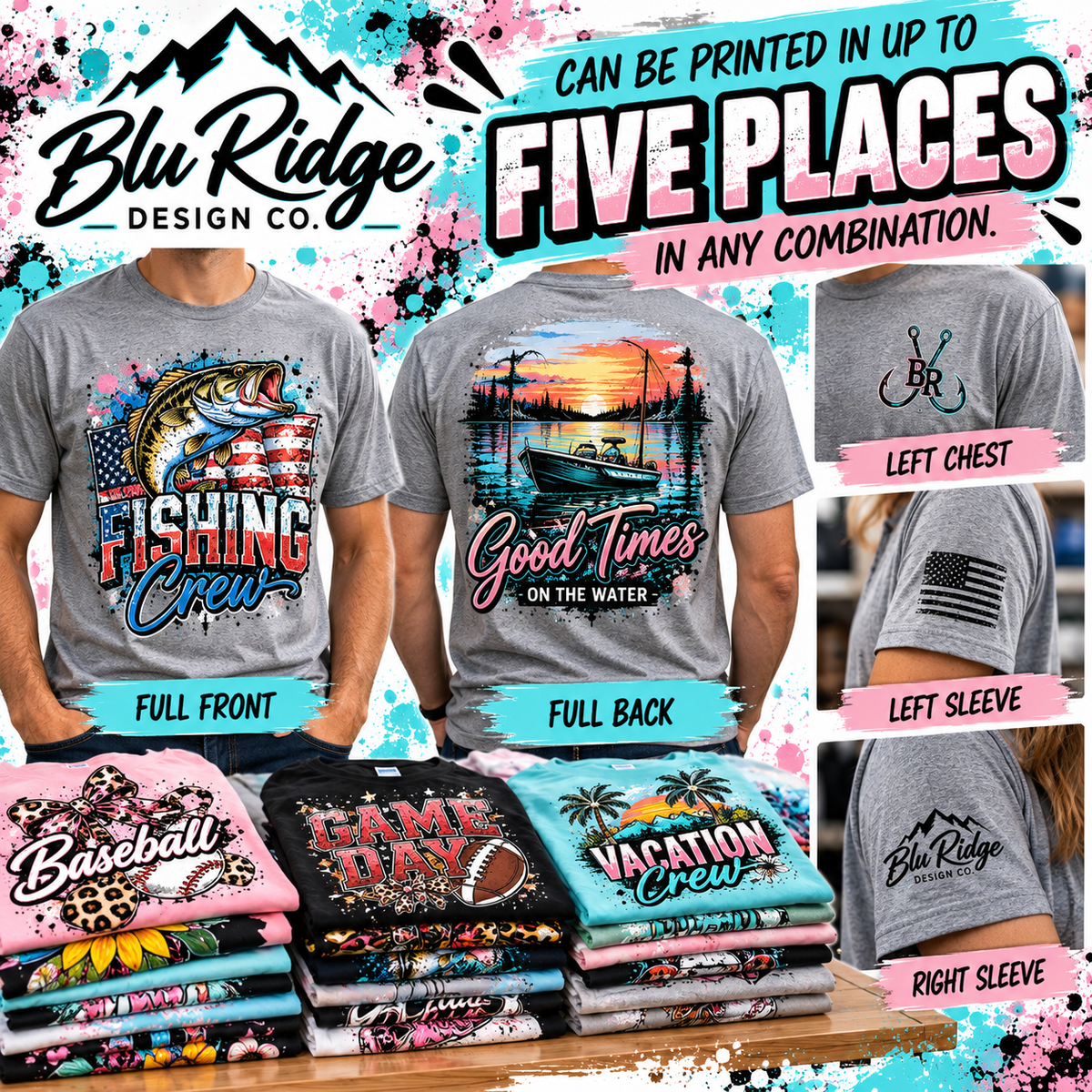 Custom shirts can be printed in five places in any combination: full front, full back, left chest, left sleeve and right sleeve