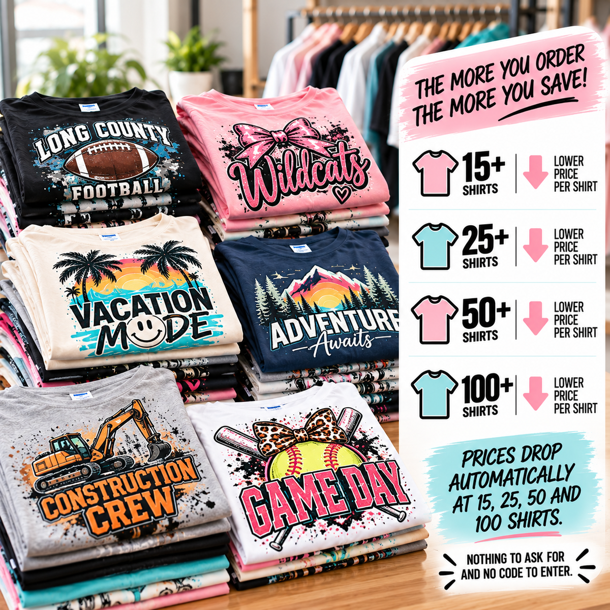 Bulk pricing on custom t-shirts drops automatically at 15, 25, 50 and 100 shirts, with nothing to ask for and no code to enter