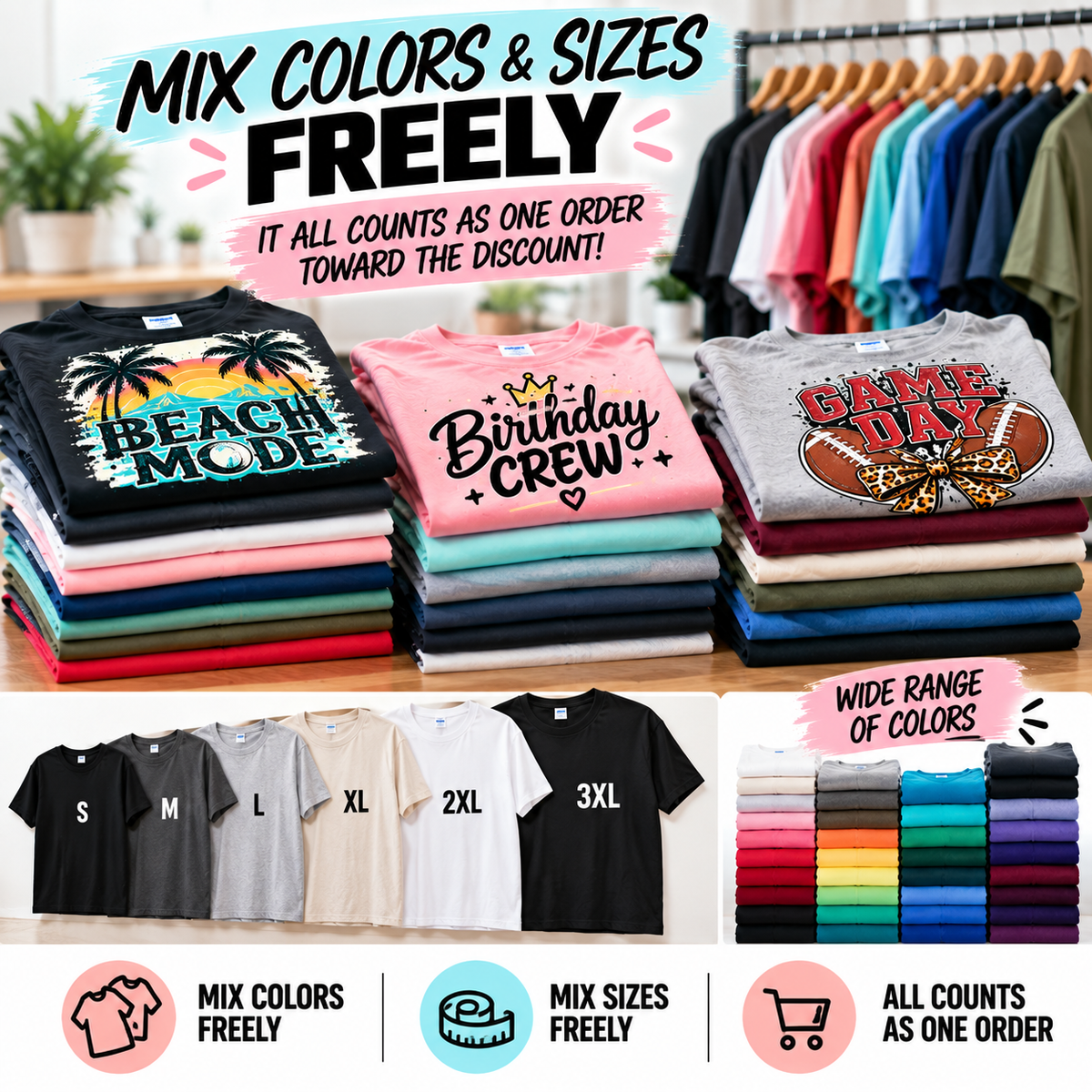 Mix colors and sizes freely from small through 3XL on one custom shirt order, and it all counts toward your discount