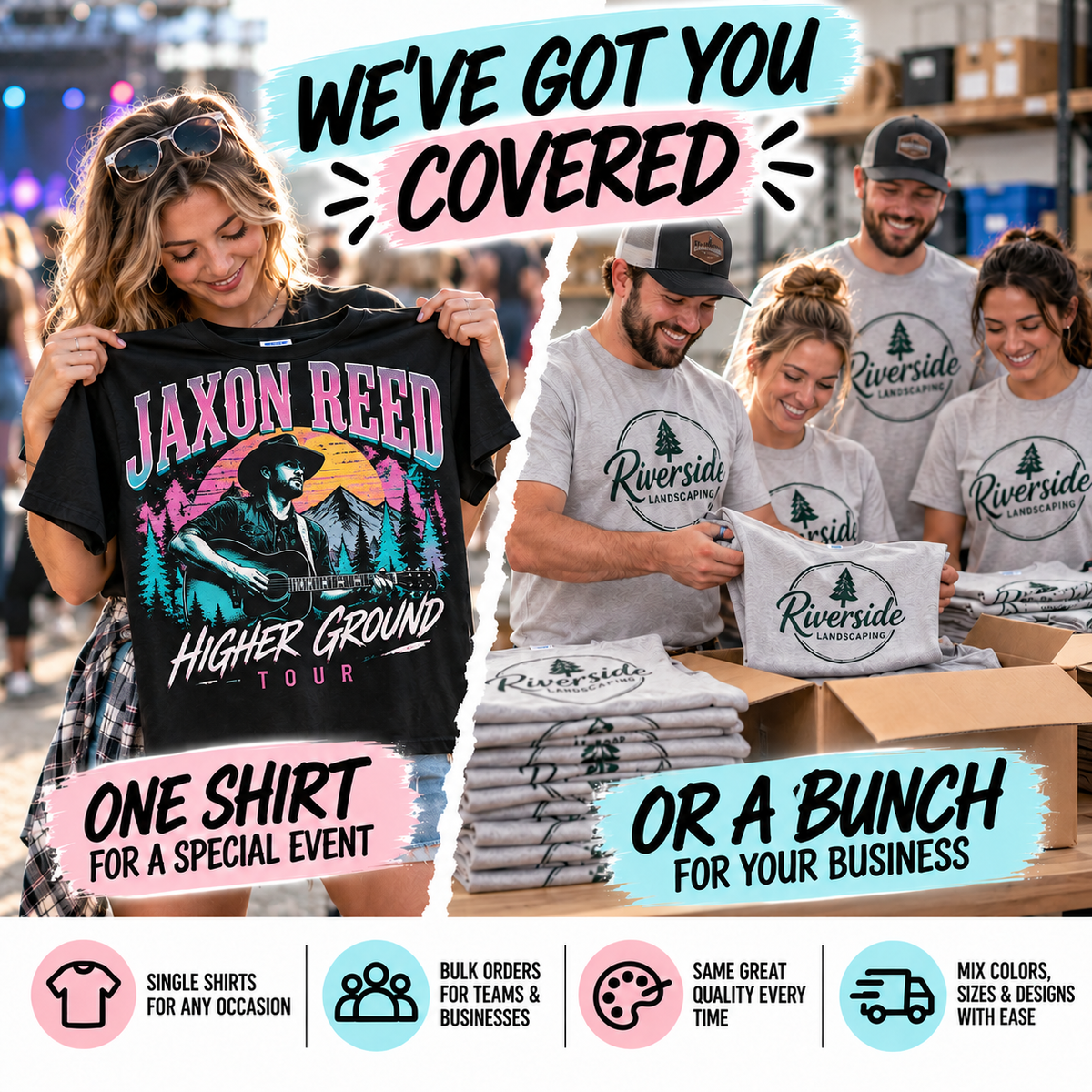 One custom shirt for a special event or a bulk order of matching shirts for your business, same quality either way