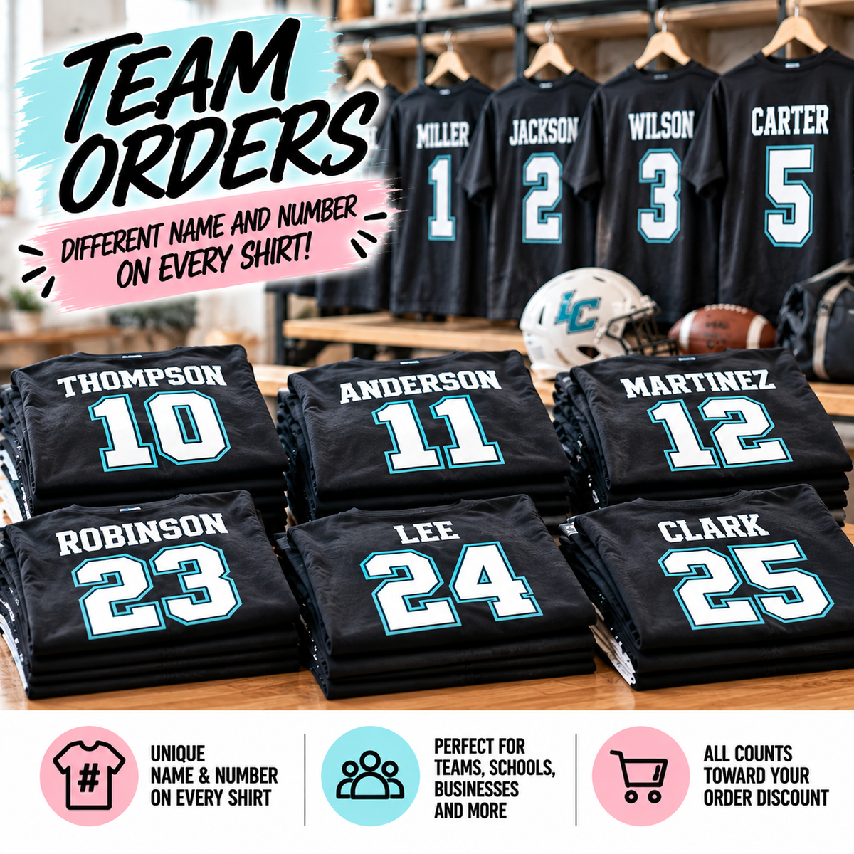 Team orders with a different name and number on the back of every custom shirt, for teams, schools and businesses