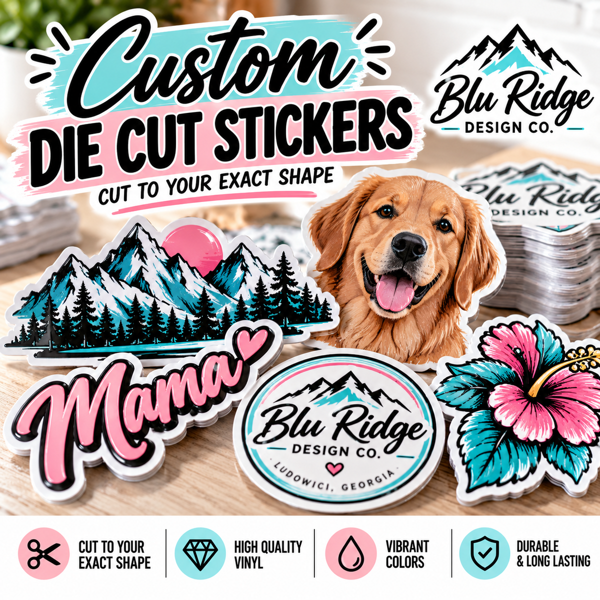 Custom die cut vinyl stickers cut to the exact shape of your design, stacked on a work table