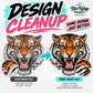 Design Cleanup, the same tiger artwork shown low resolution with blurry edges and then clean and sharp with the background removed