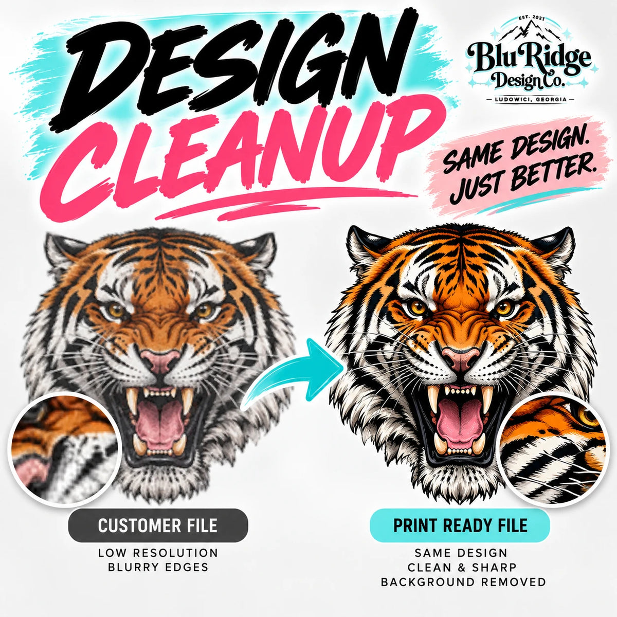 Design Cleanup, the same tiger artwork shown low resolution with blurry edges and then clean and sharp with the background removed
