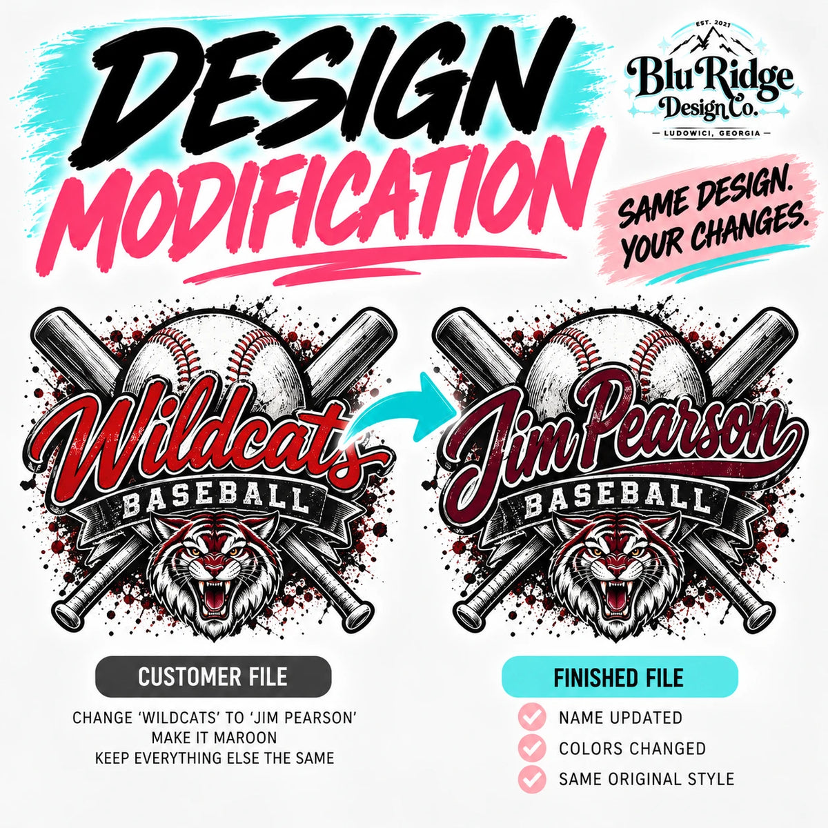 Design Modification, a baseball team graphic with the name changed and the colors updated while the original style stays the same