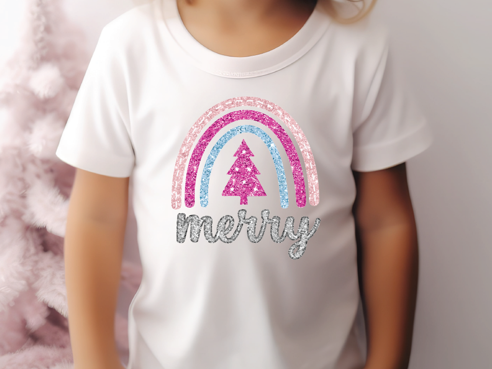 Merry Christmas Glitter Rainbow Graphic T-Shirt
